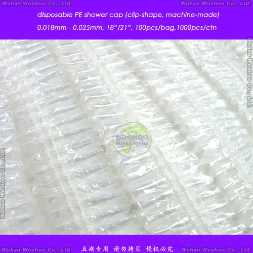 Waterproof Transparent Poly/HDPE/LDPE/Plastic/Clear/Mob/Mop Disposable PE Shower Cap for Hotel/Travel Bath/Bathing with Pleated/Crimped/Strip/Clip/Stripe Shapes